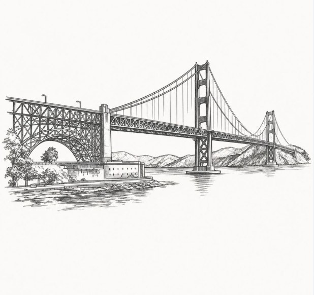 Hand-drawn illustration of the Golden Gate Bridge