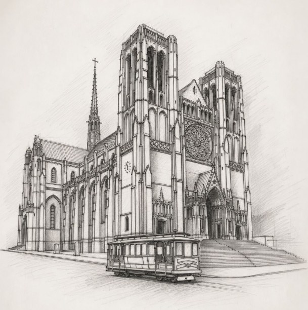Hand-drawn illustration of Grace Cathedral with a cable car on California Street